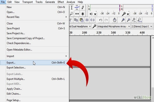 Choose Export for Exporting MP3 Files through Audacity