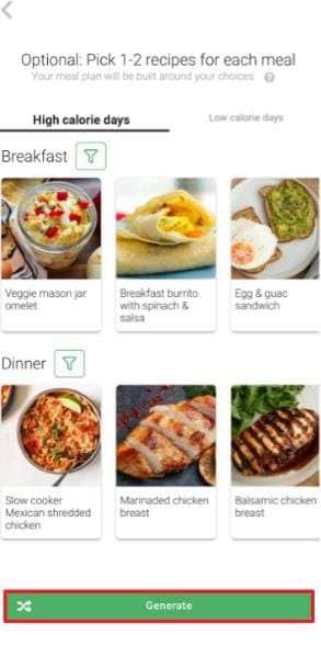 choose generate to plan the meal