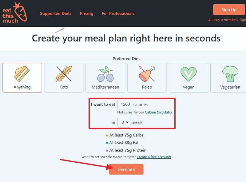 choose calories and meals