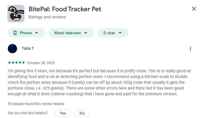 positive reviews bitepal food tracker