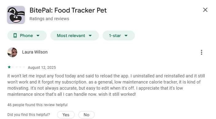 negative reviews bitepal food tracker