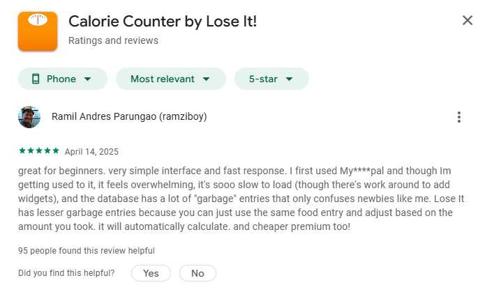 positive review loseit food tracker