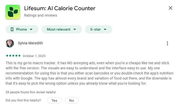 positive review lifesum food tracker