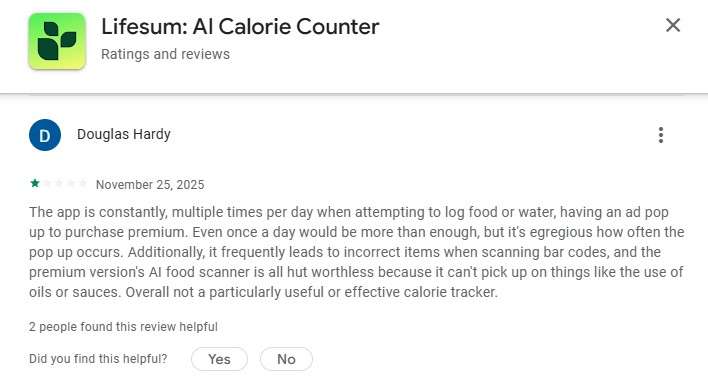 negative review lifesum food tracker
