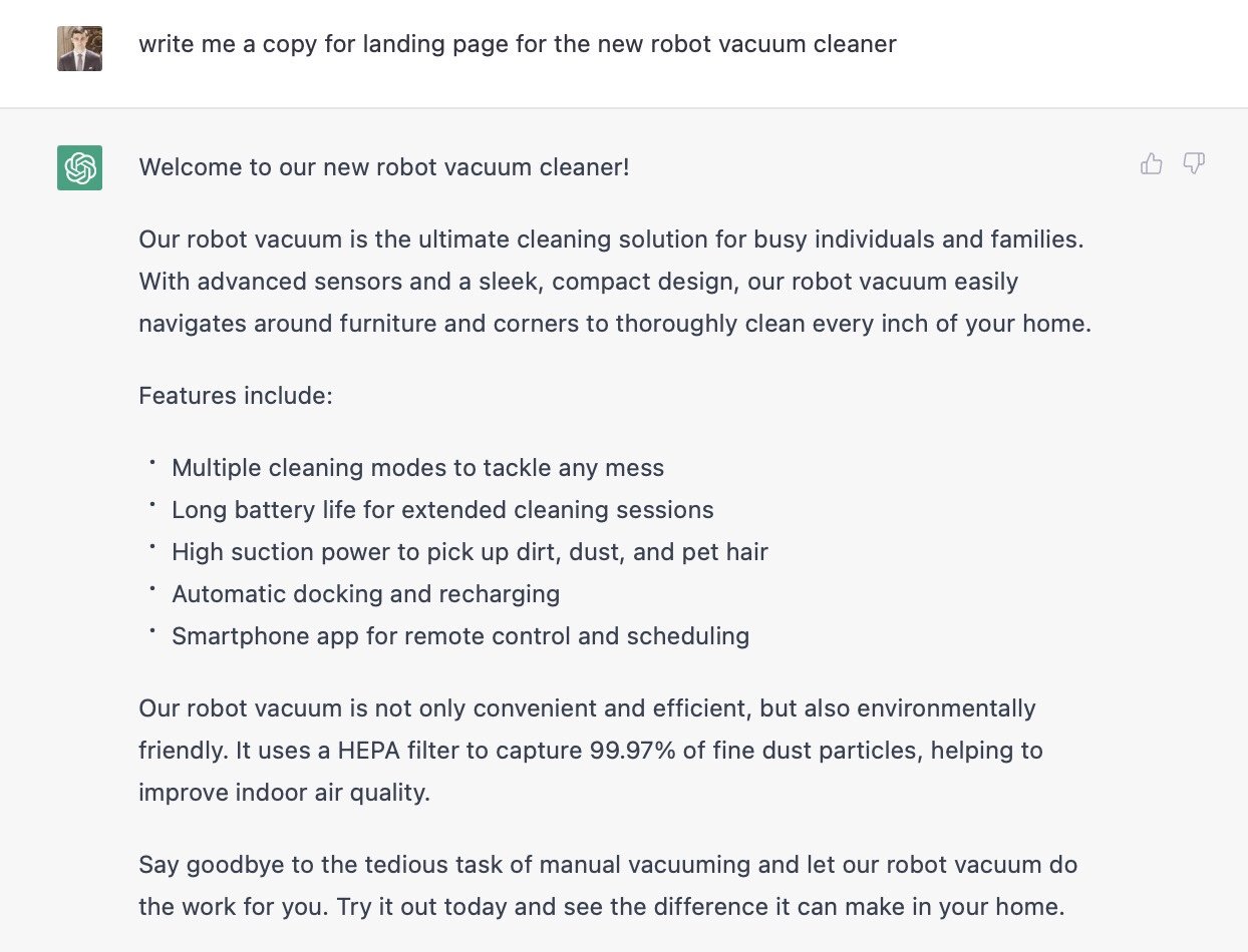 landing page product description generated by ChatGPT