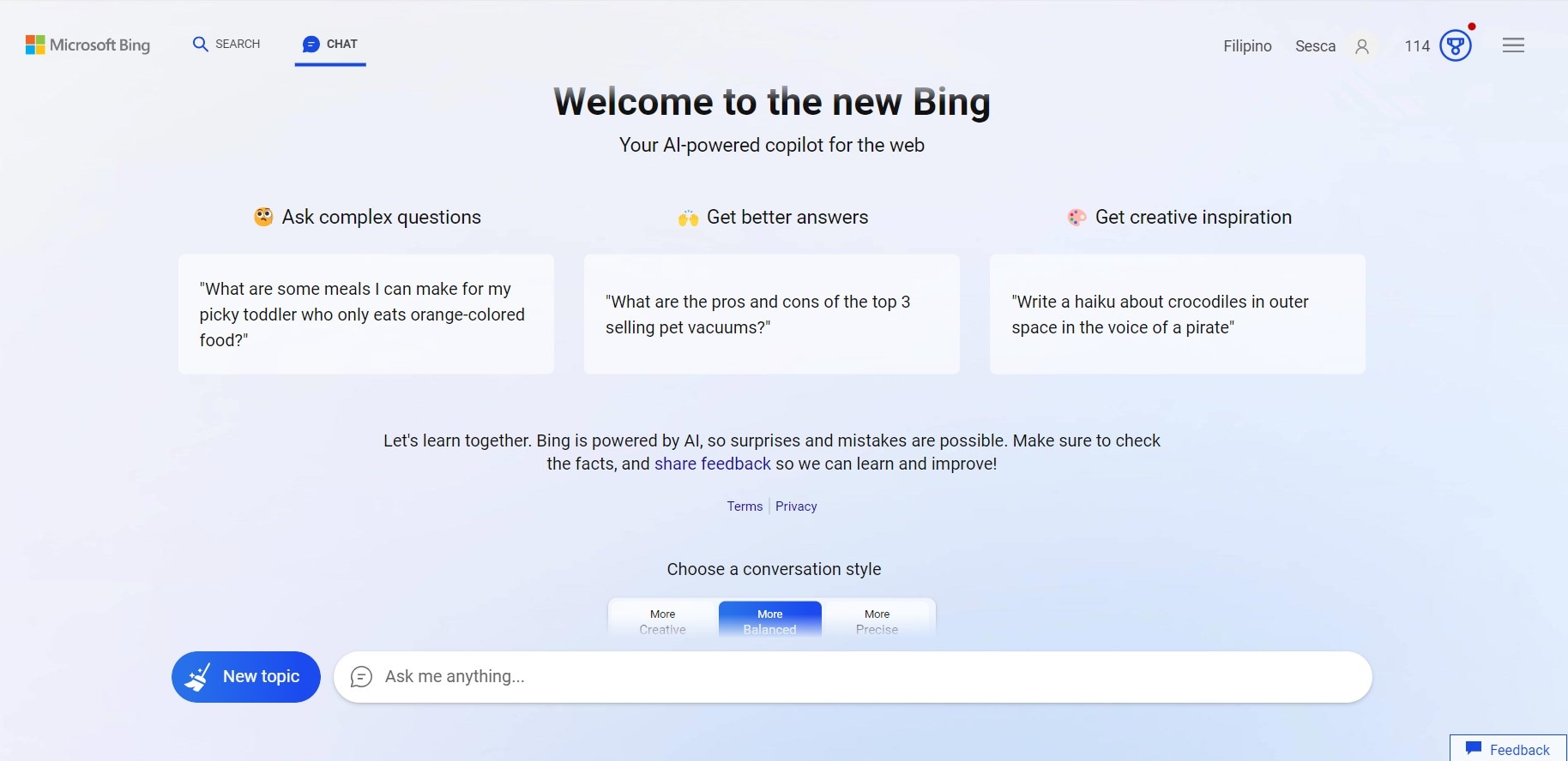 bing chat new topic conversation