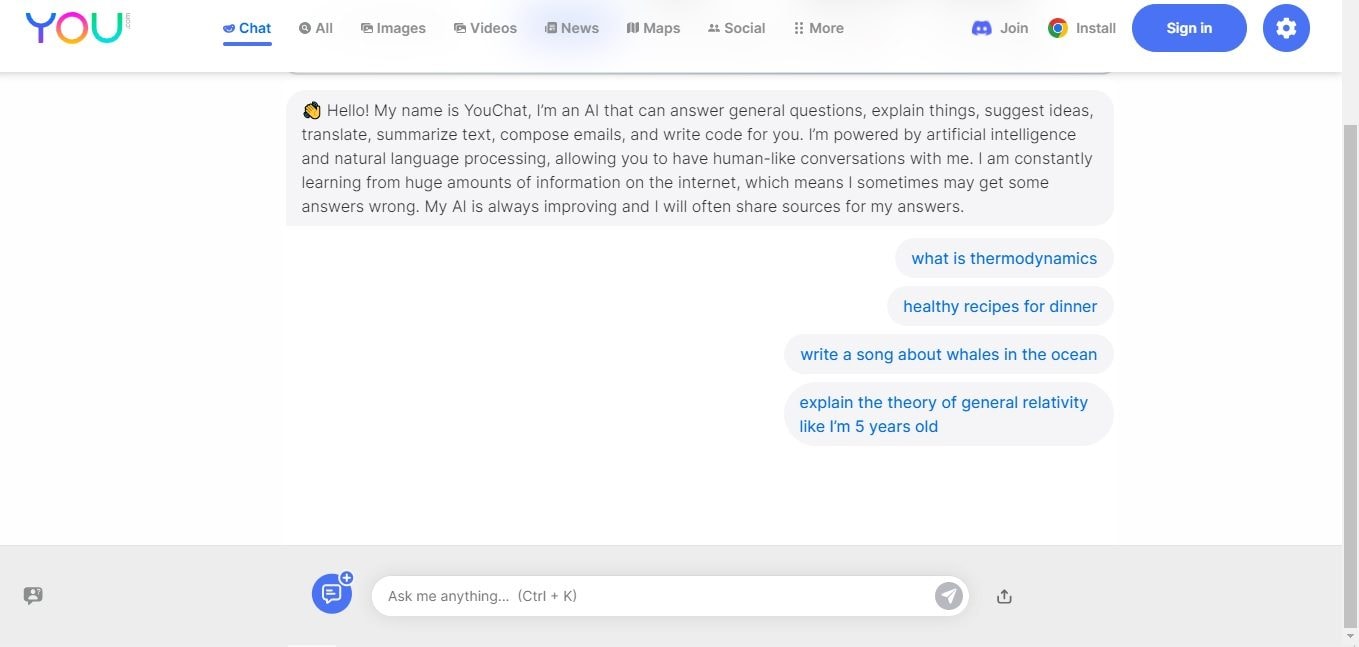 the user interface of youchat