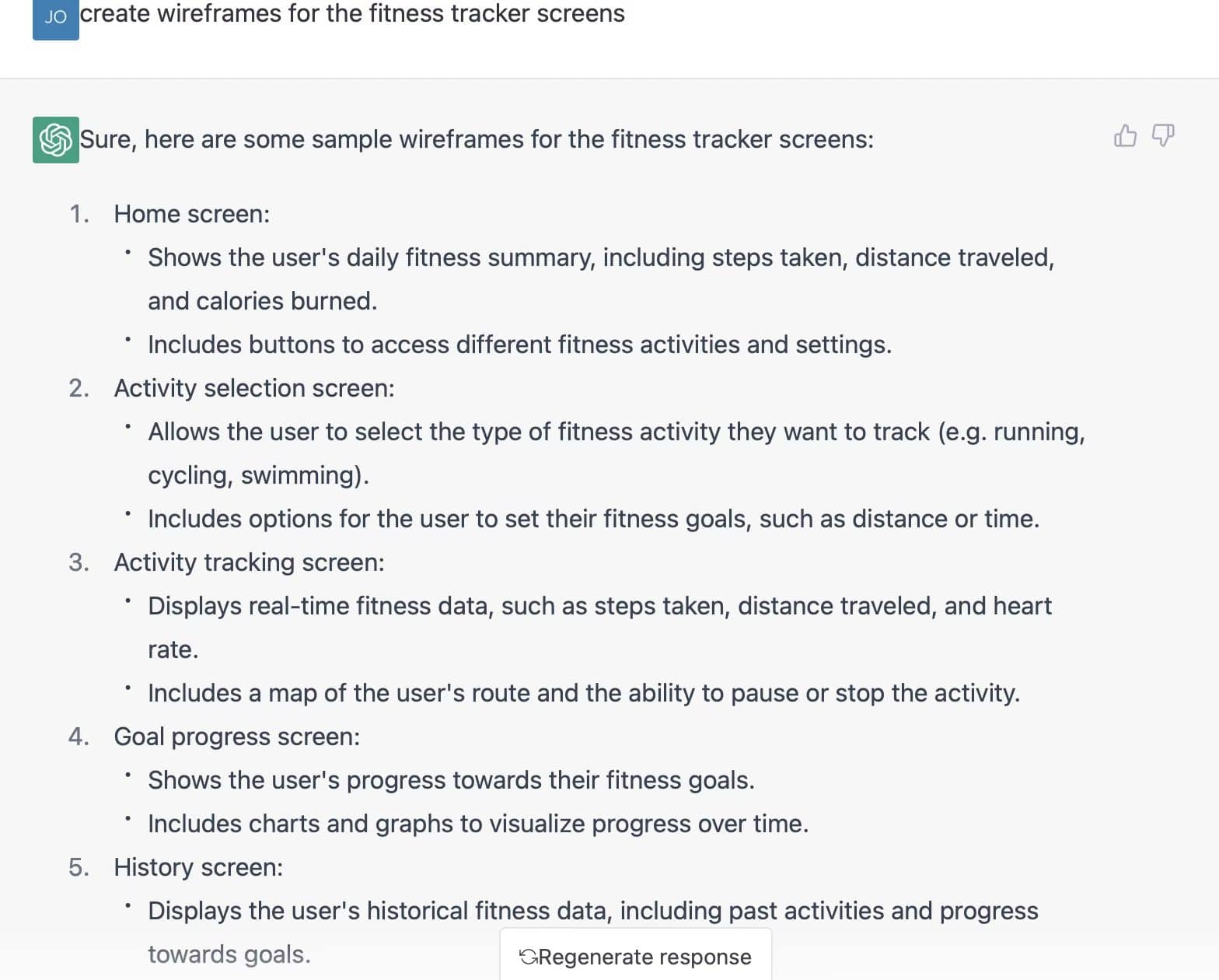 chatgpt wireframes for fitness tracker screens