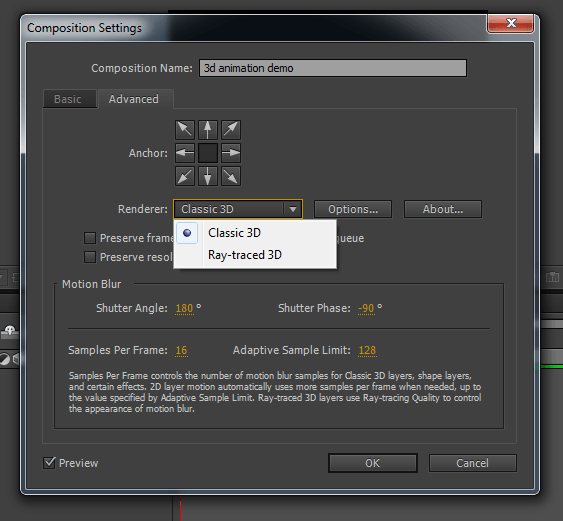 configurações de composição para 3d