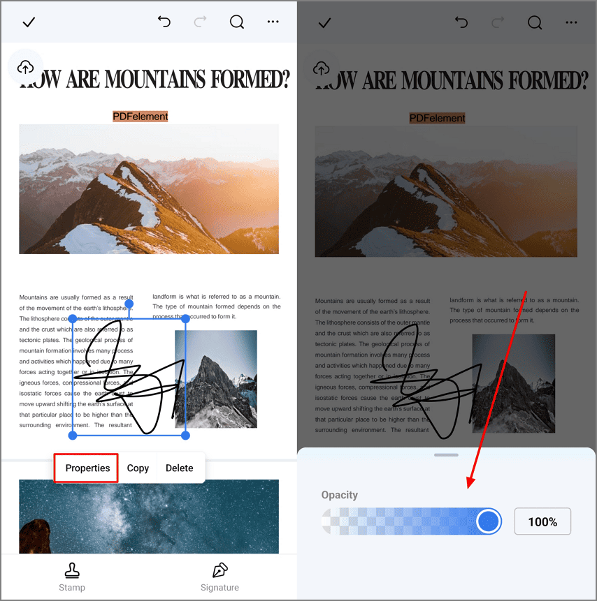 manage opacity of signature