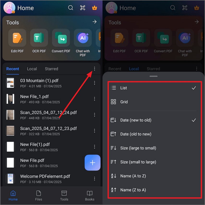 categorize with name size or date