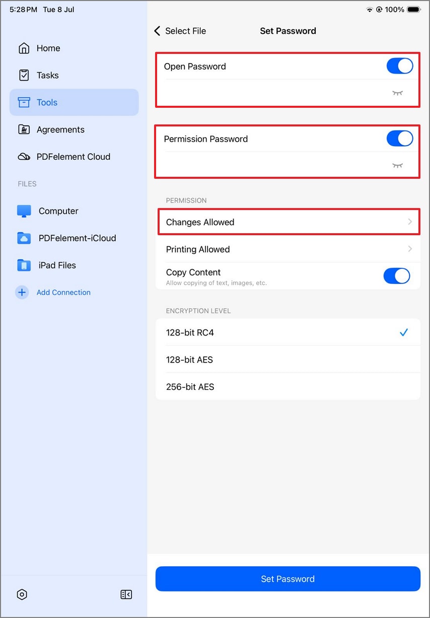 select password type for document