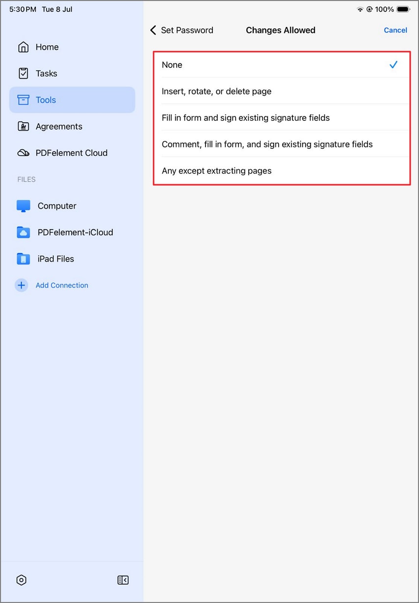 specify allowed changes pdfelement