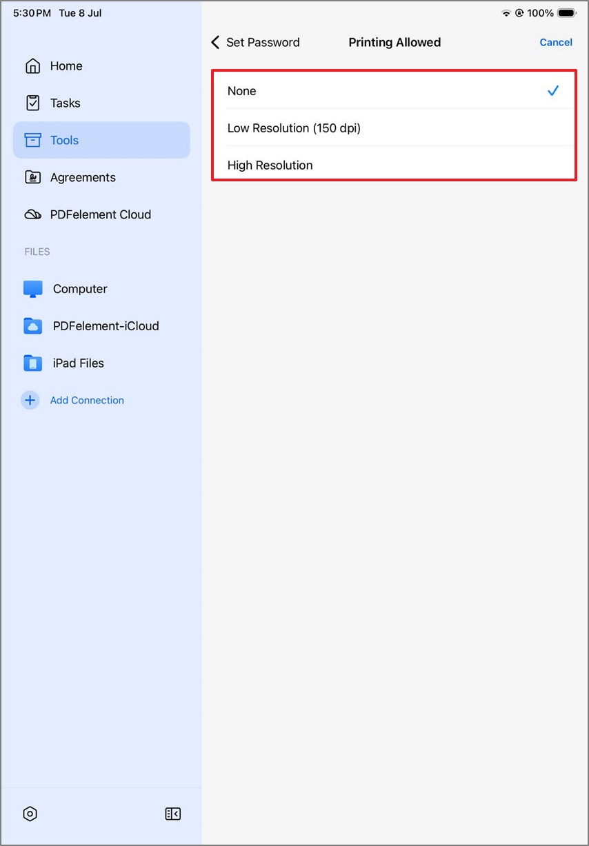 select printing option for pdf