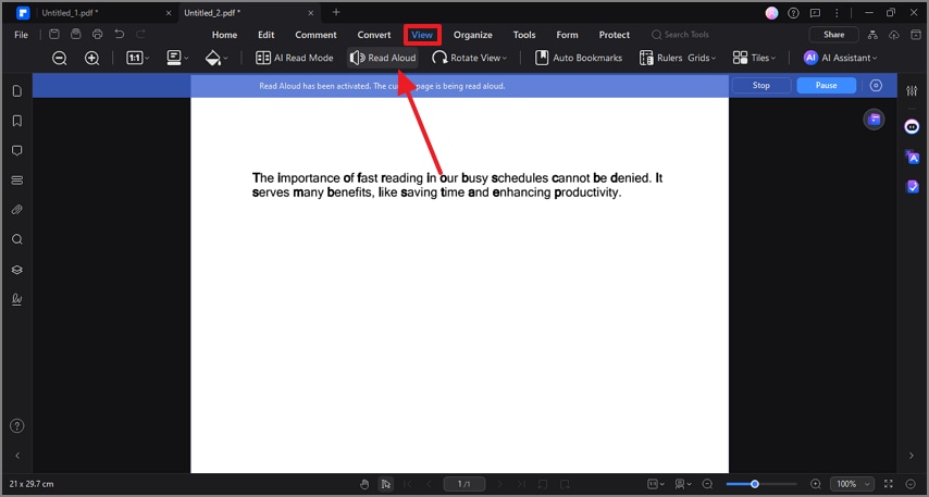 navigate pdfelement read aloud feature