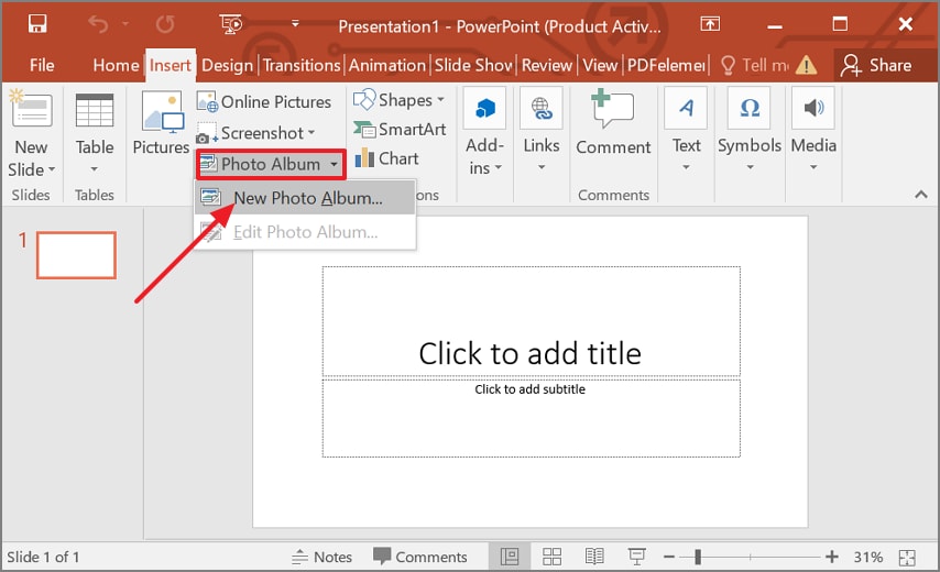 locate powerpoint photo album feature