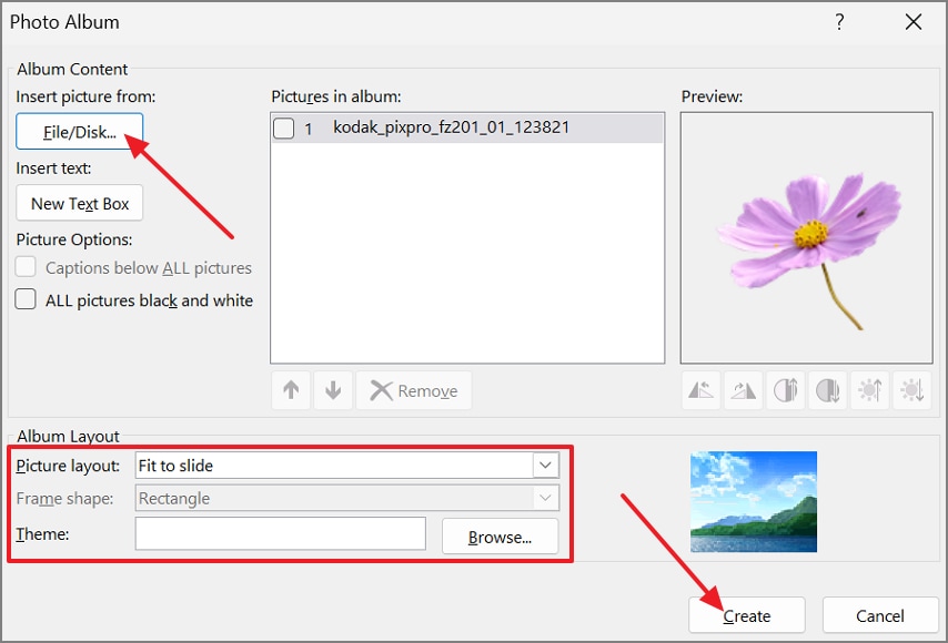 select picture layout hit create