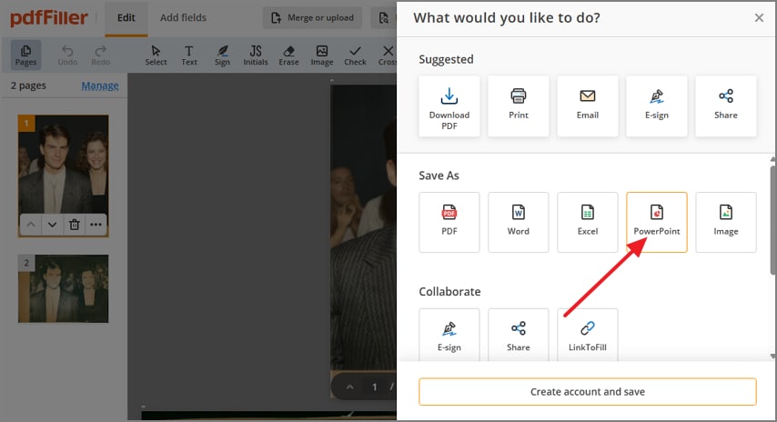 pdffiller choose save as ppt