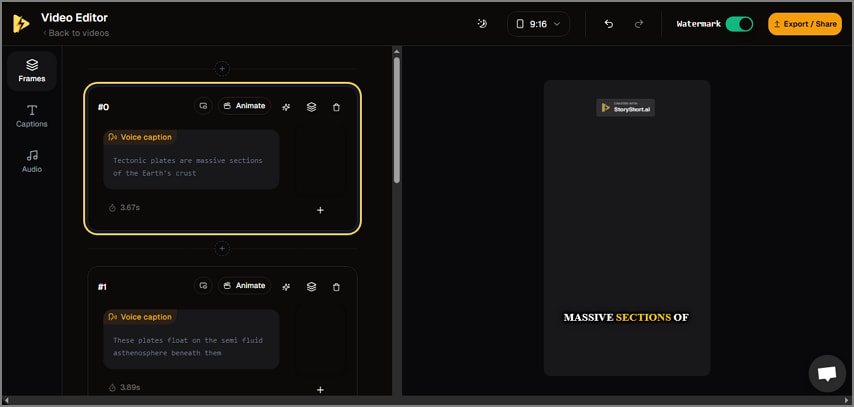 storyshortai video creation screen