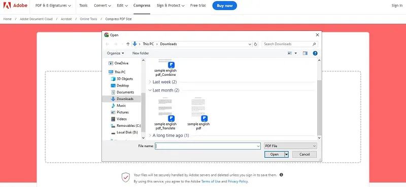 compresor de adobe selecciona el archivo