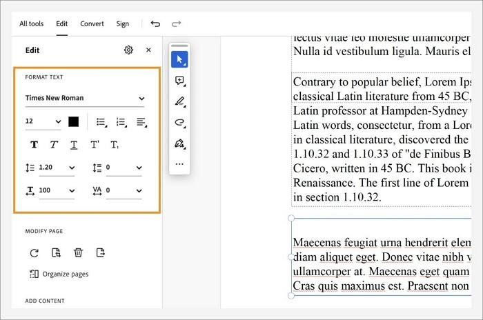 Wählen Sie den Text im PDF-Dokument aus, der bearbeitet werden soll, und lösen Sie das Erscheinen eines Menüs auf der rechten Seite aus. Innerhalb des Menüs können Sie den Text bearbeiten, indem Sie Schriftart und -größe ändern, Zeilenabstand und Zeichenabstand anpassen usw.