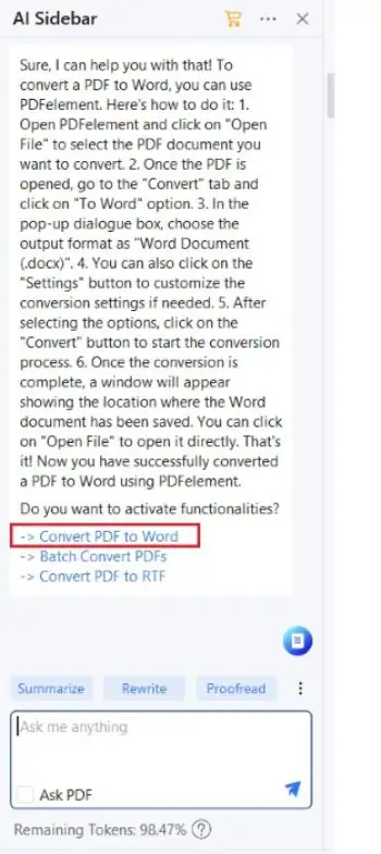 Aktivierung des PDF zu Word Converters