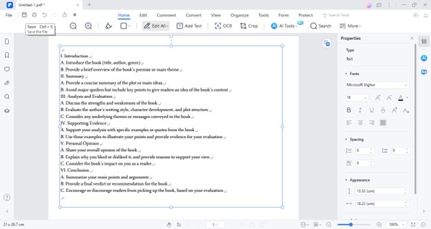 create a pdf file of outline