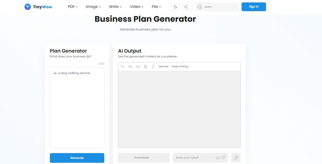tinywow business plan generator