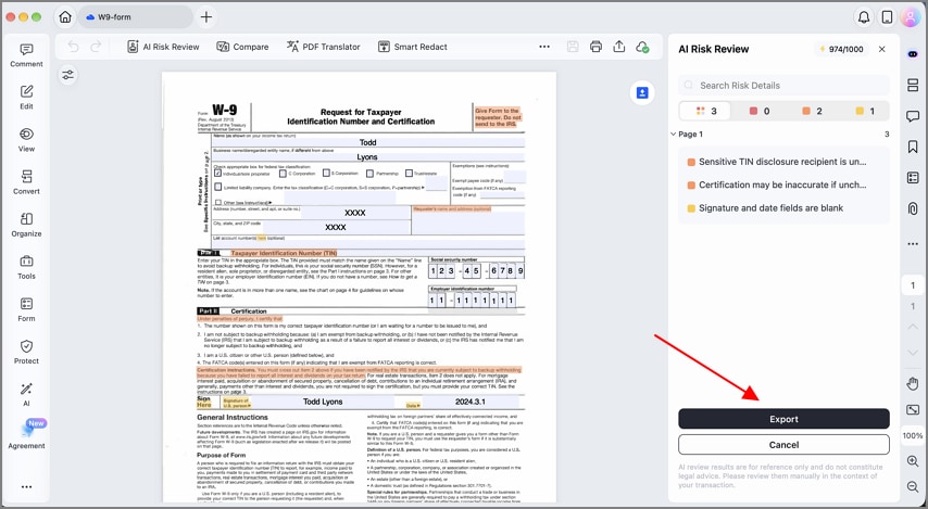 Review risks and export the report