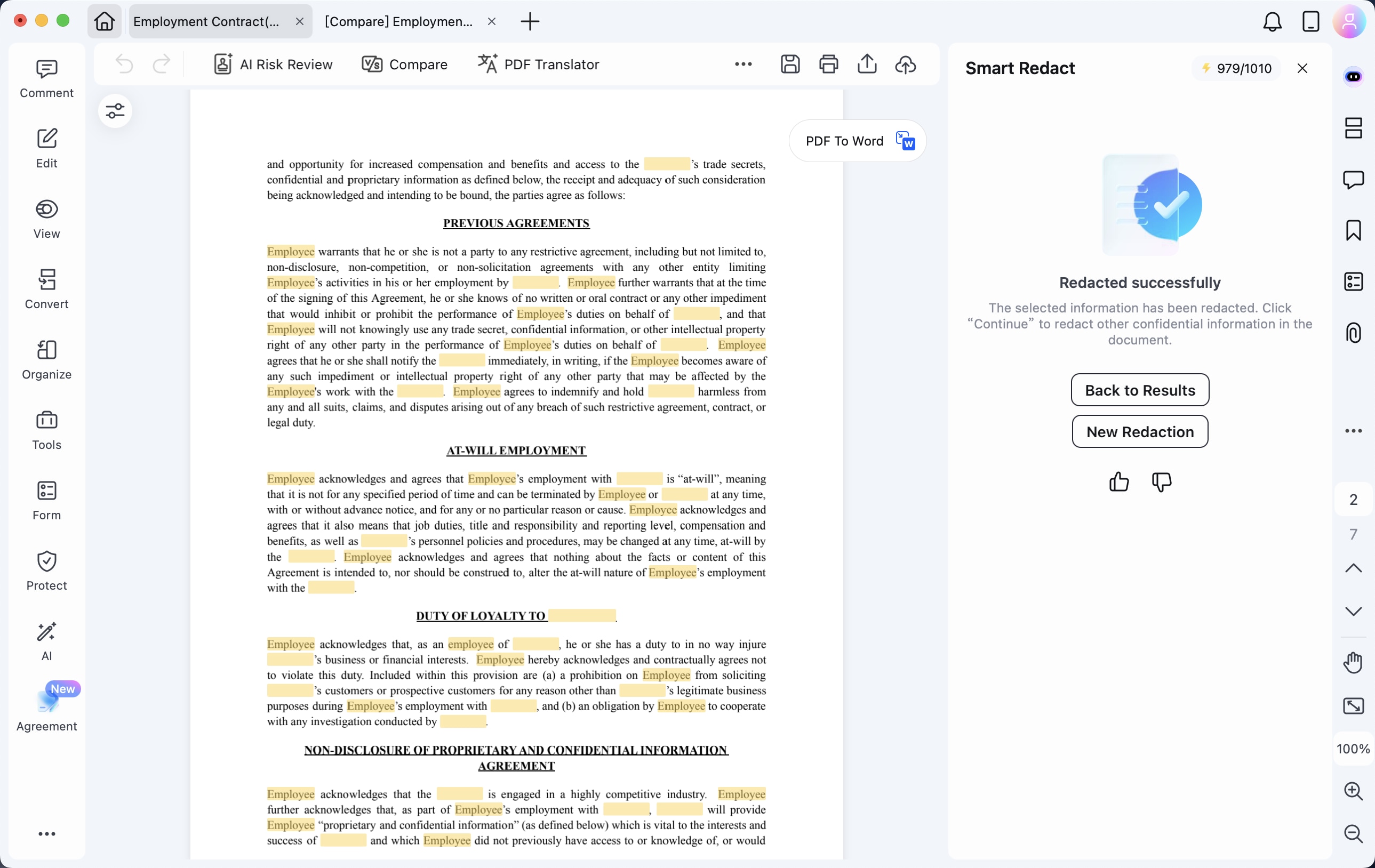 Smart Redact sensitive contract information