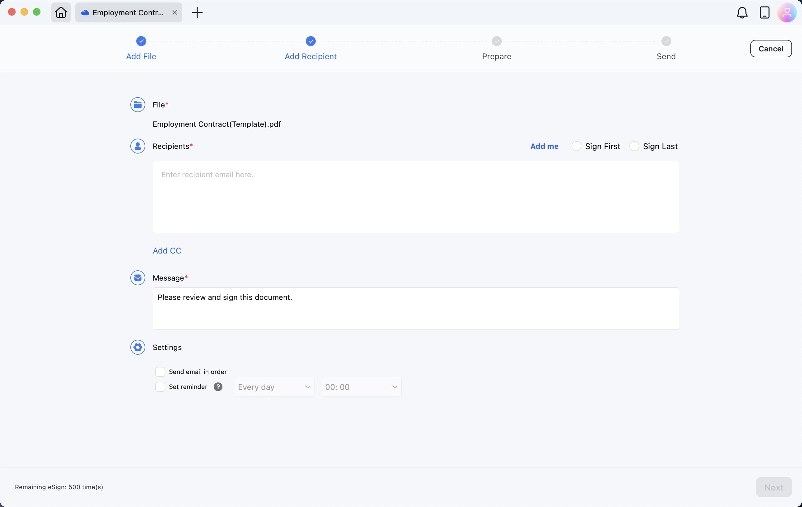 Request eSign for contracts