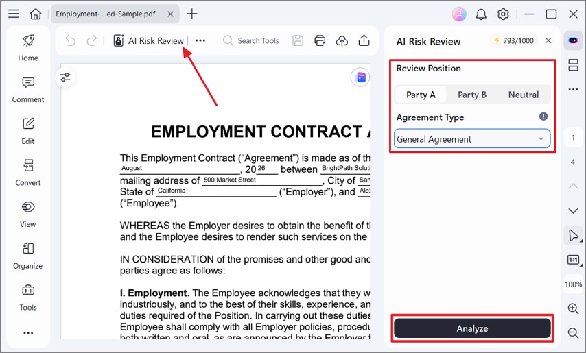 start pdf employment agreement risk analysis