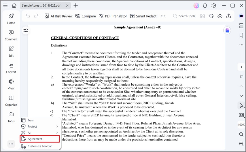 select the agreement option