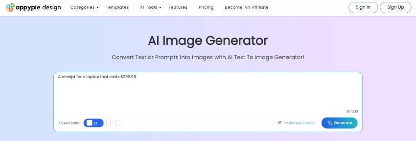 generating receipt using appypie image generator
