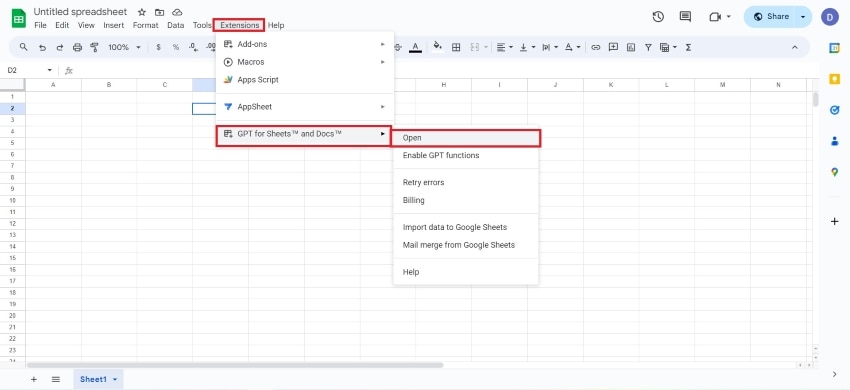 opening chatgpt tool in google sheets