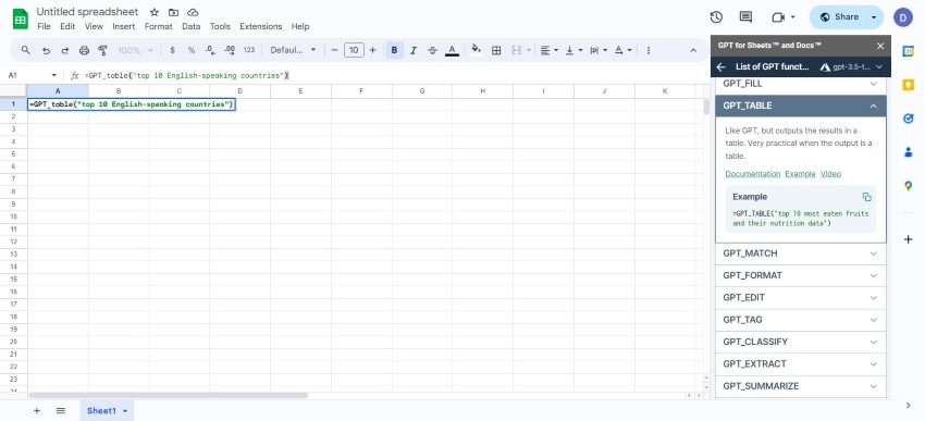 generating a table in google sheets