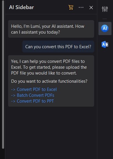 activating pdf to excel using ai