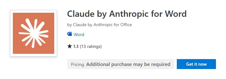 Illustrative screenshot showing Claude for Word download area in Microsoft Marketplace