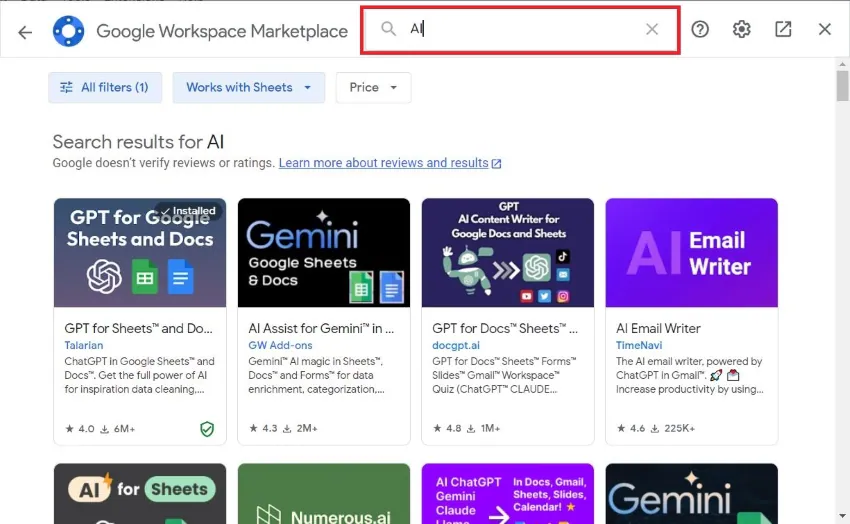 searching for ai addons in marketplace