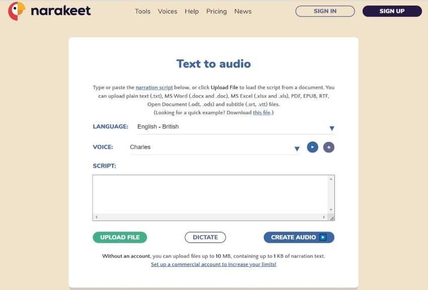 narakeet text to audio tool