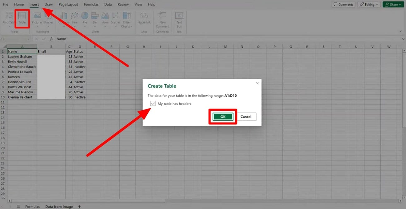 create table with inserted data