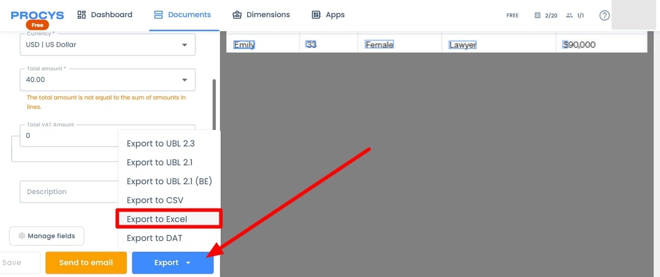 esportare l'immagine convertita come file Excel