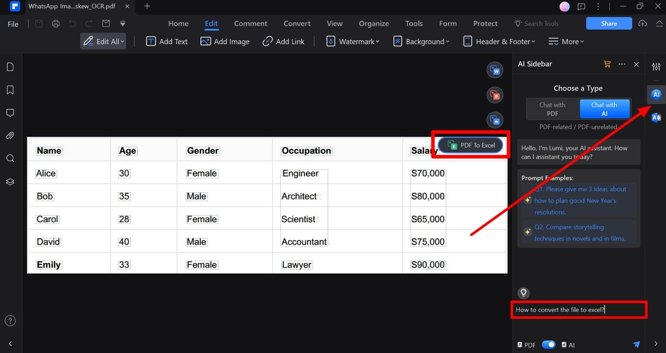 accédez à la conversion pdf en excel avec la barre latérale ia