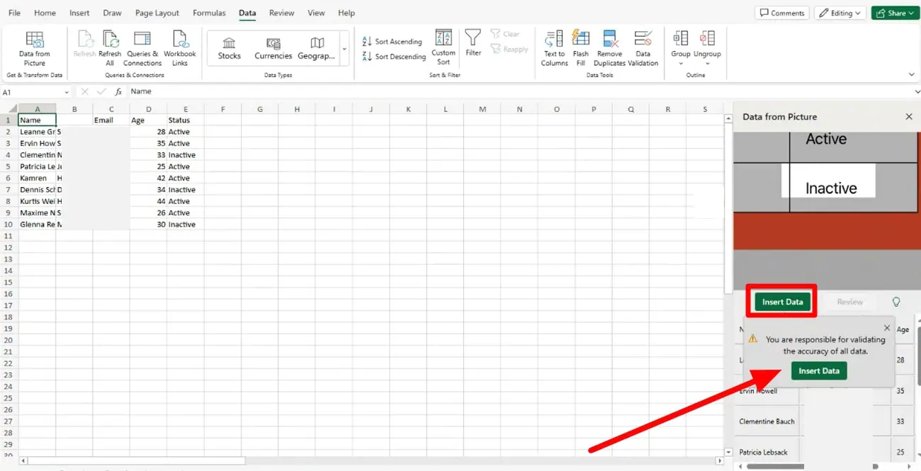 insert data into excel sheet