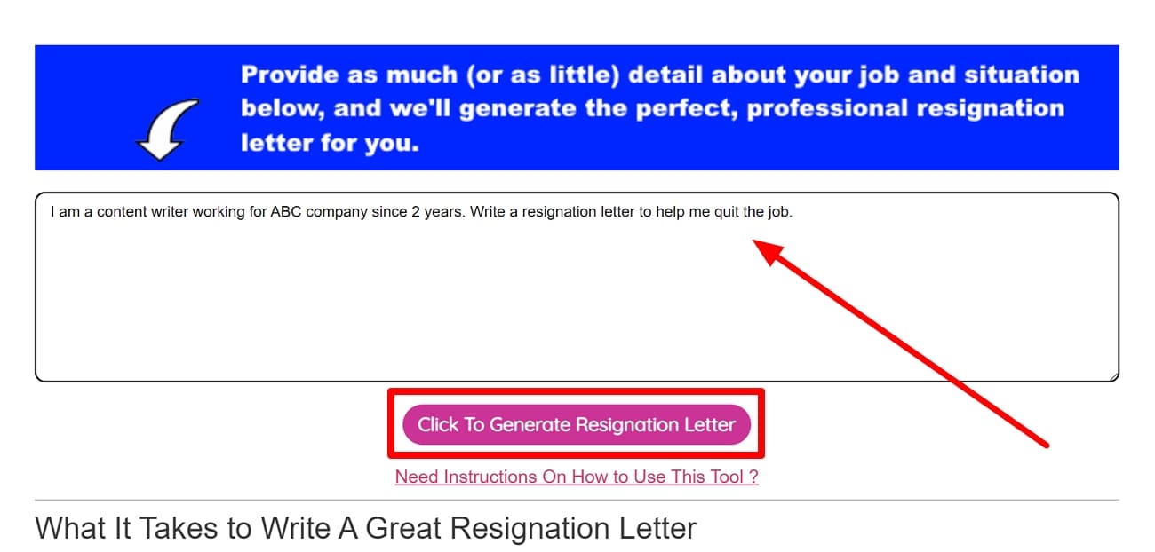 enter details and generate resignation letter