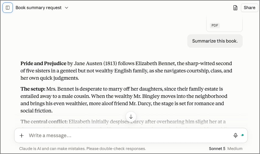 claude book upload summarization interface