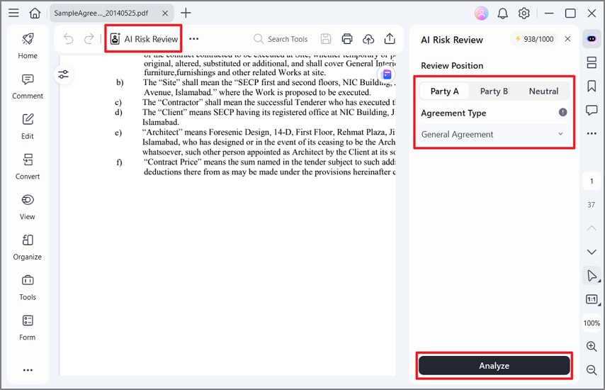 analyze agreement risks with pdfelement