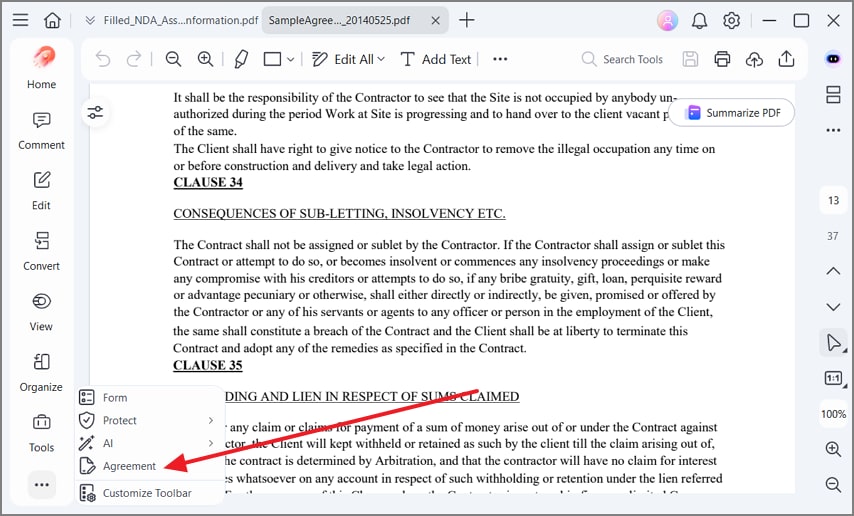 access agreement tools menu