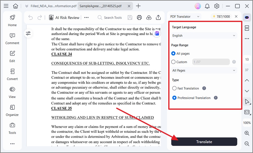 pdf translator settings panel