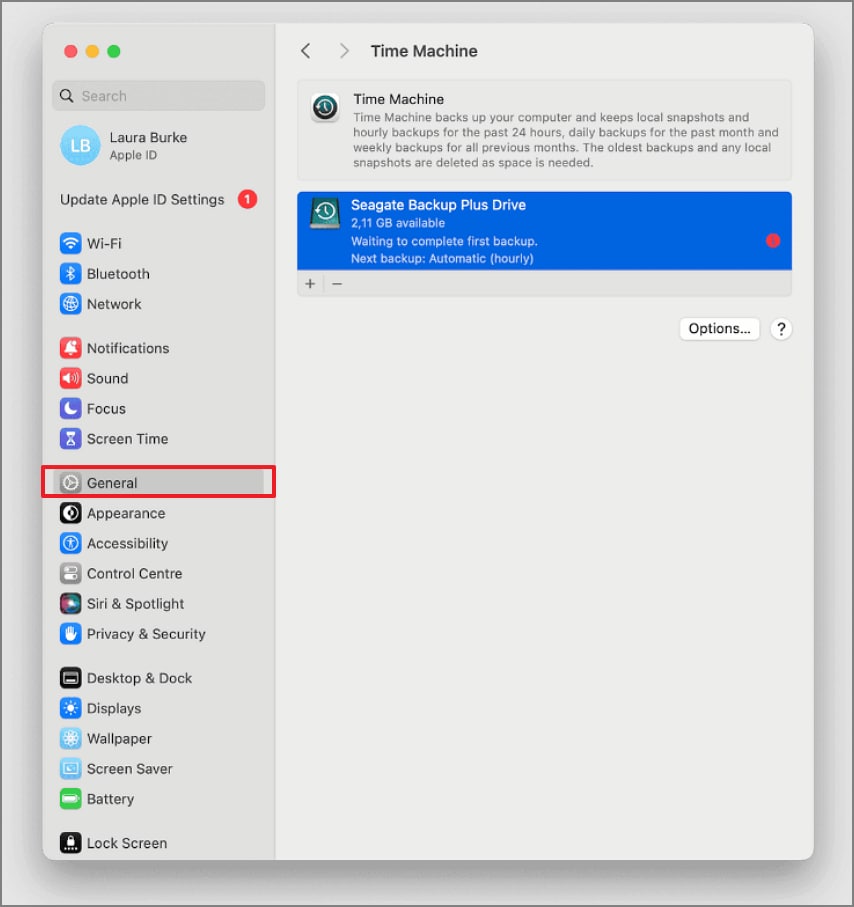 Access General and Time Machine settings